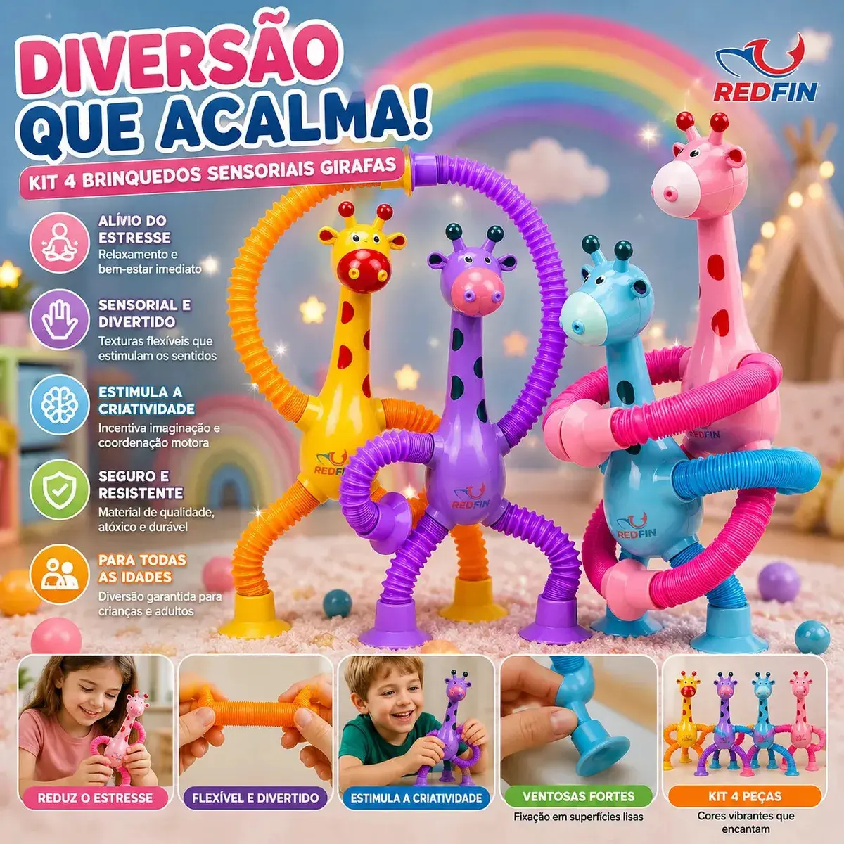 Kit 4 Girafas Sensoriais Anti Stress Pop Tube Brinquedo Sensorial Infantil Flexível Com Ventosa Alívio Estresse Ansiedade Autismo TDAH Montessori Meninos Meninas - Marca Redfin