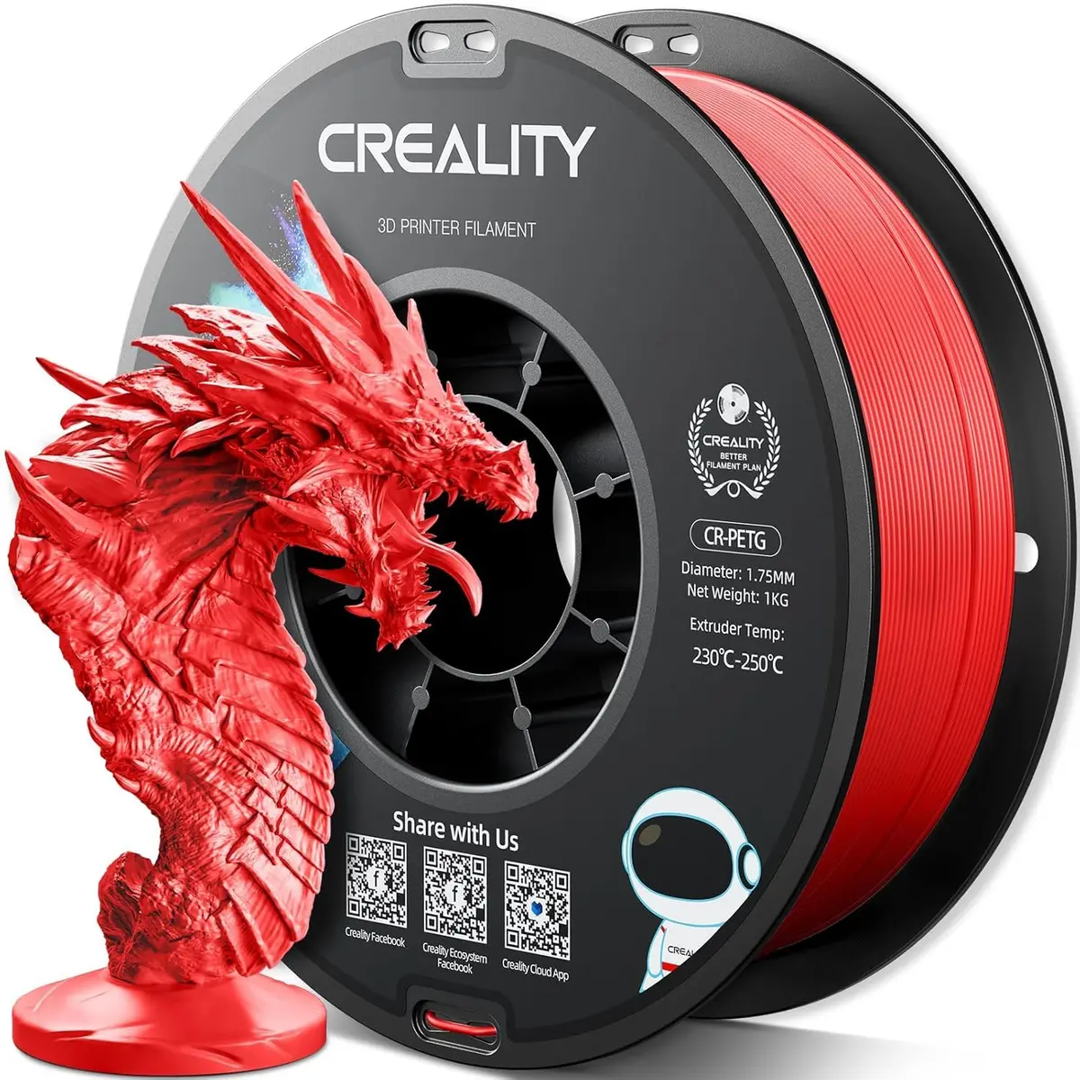 Creality Filamento PETG para impressora 3D, 1,75 mm, 1 kg (2,2lb), alta precisão, grande resistência, inodoro, melhor fluidez, filamento PETG CR para impressão 3D à prova de umidade, vermelho