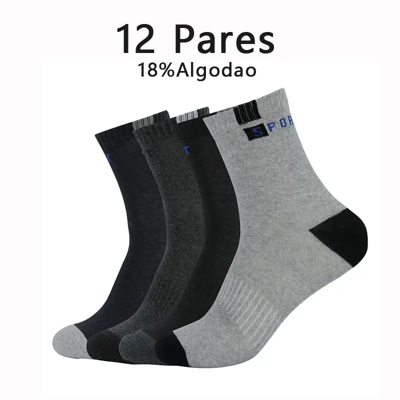 12 Pares, Meias Masculinas de Algodão, Respiráveis, Contendo Algodão, Meias Esportivas de Cano Médio, Verão, Secagem Rápida - 1