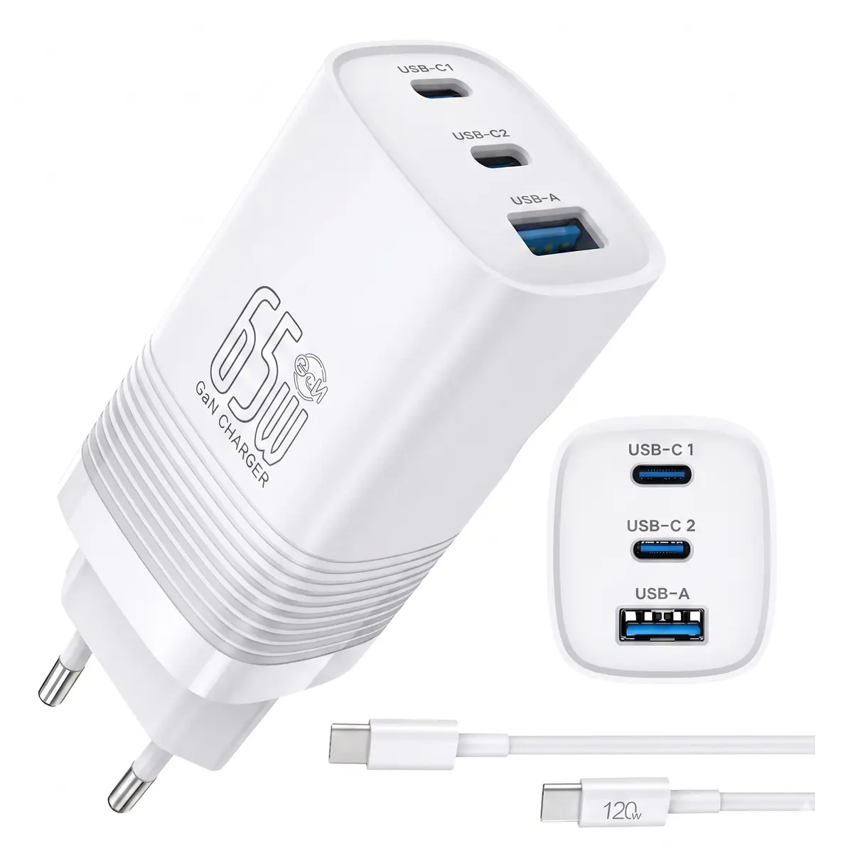 Carregador USB C 65W GaN 3 Portas com Cabo Incluso, Carregador Rápido Power Delivery, ANATEL, Compatível MacBook Air/Pro M1 M2, iPhone 16/15/14, Galaxy (Branco Ártico, 65, Watts) - 1