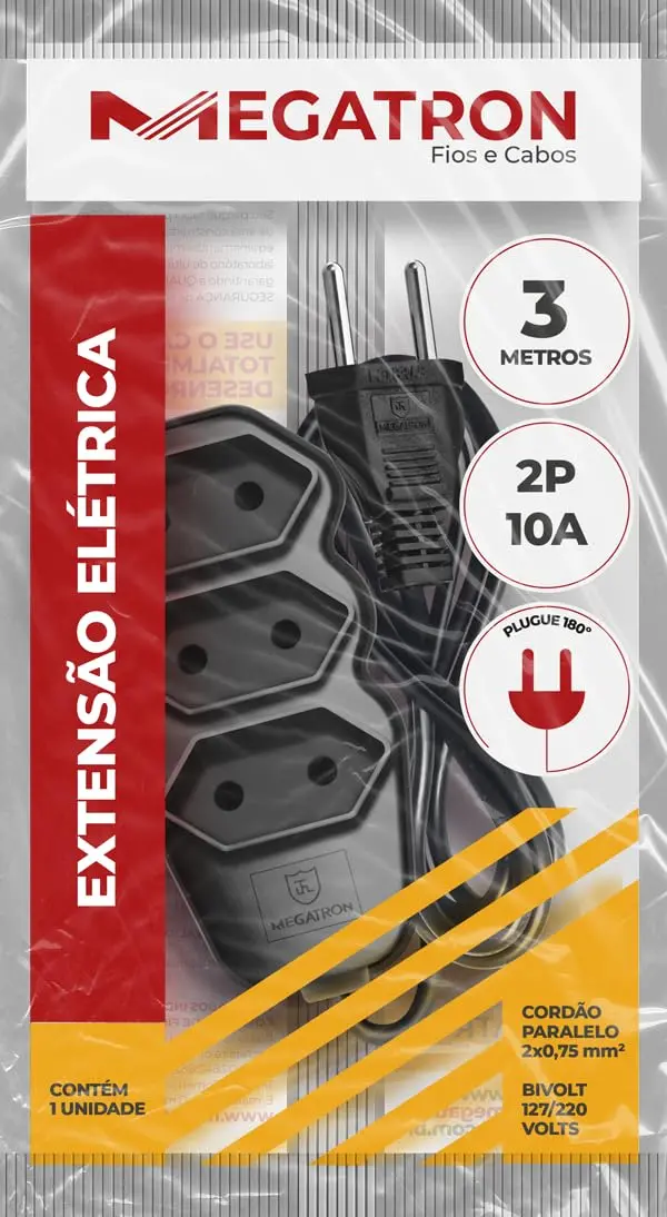 Extensão 3 tomadas cabo paralelo 10/A 250v 2x0,75 (3 m) preto