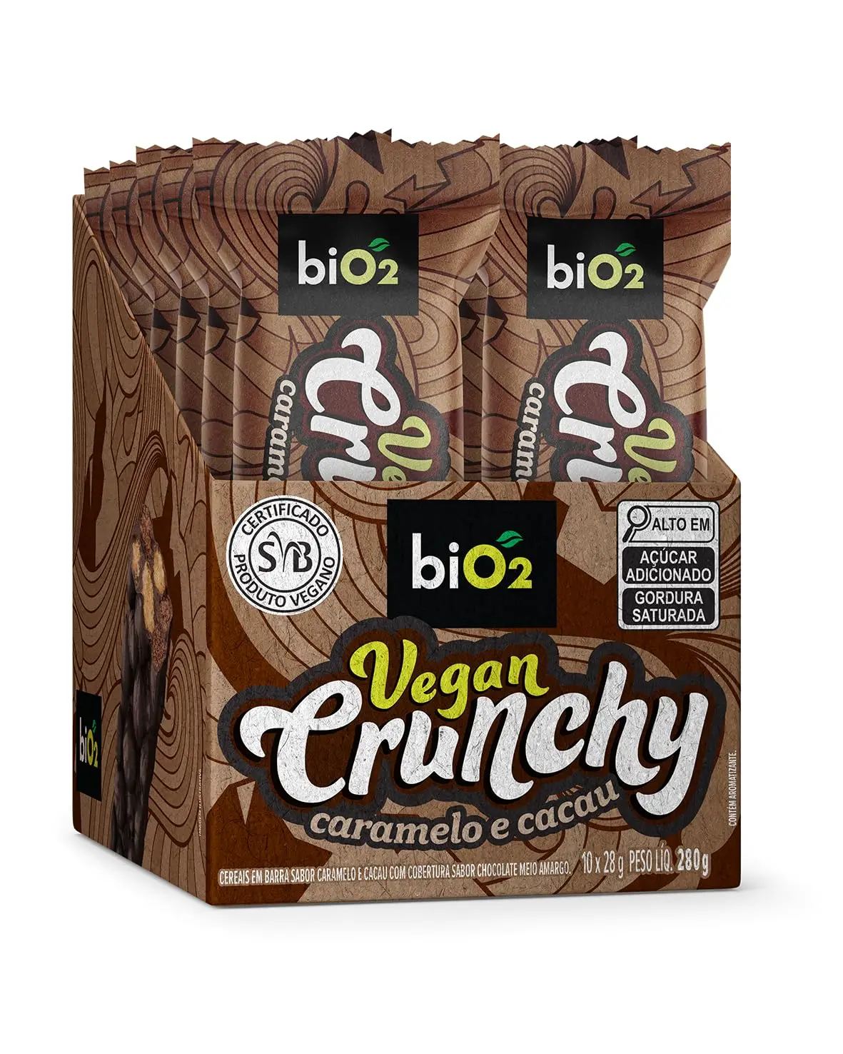 Barra de Cereal biO2 Vegan Crunchy Caramelo e Cacau, Caixa com 10 unidades de 28 g, Vegana e sem Glúten