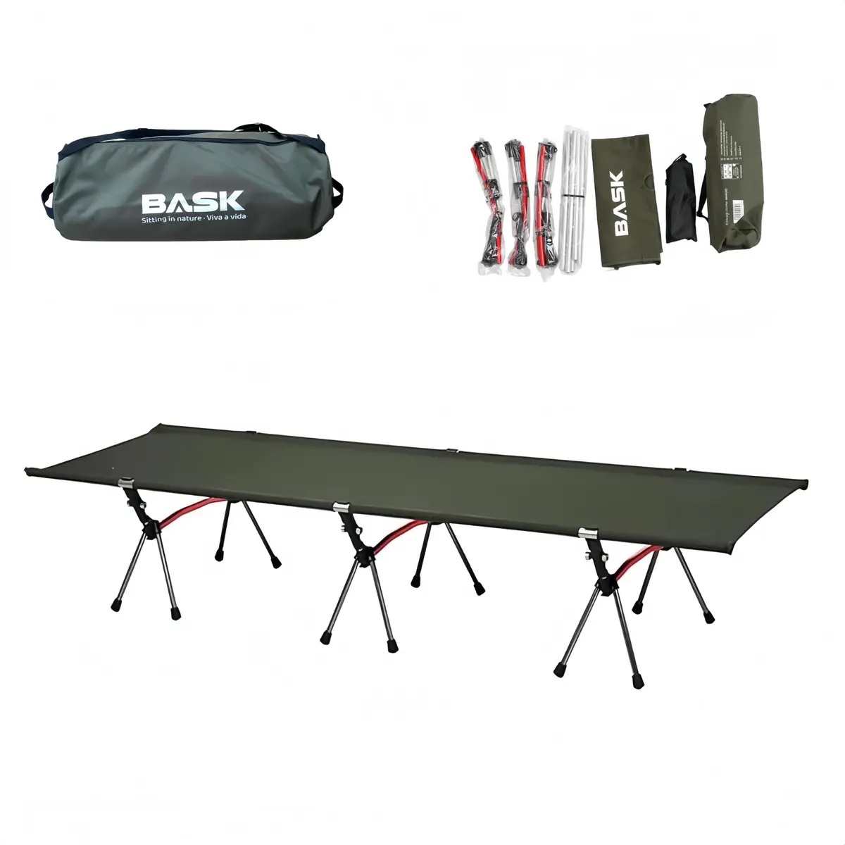 BASK LayDay Cama Premium Dobrável de Alumínio Suporte 150Kg Ultralight 2,7 kg Compacta 51×19cm Altura Ajustável 15/38cm Bolsa de Transporte Resistente