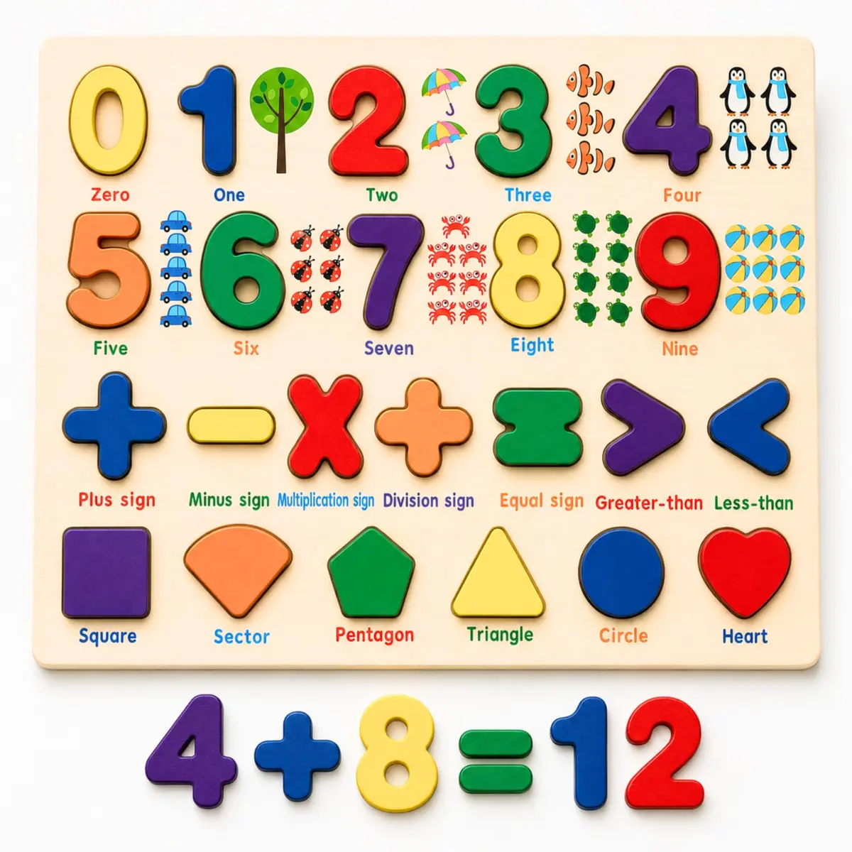 Brinquedo Educativo de Madeira Formas Números e Sinais Matemáticos, Tabuleiro de Encaixe Infantil Colorido para Coordenação Motora e Aprendizado Pré-Escolar - Tabuleiro (Modelo 4)