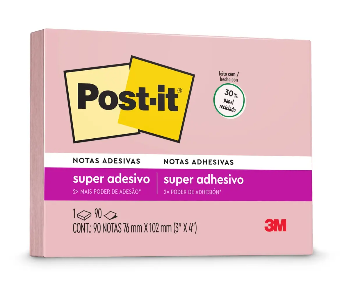 POST-IT 3M Bloco de Notas Super Adesivas Rosa Positivo 100 Folhas | 76 mm x 102 mm, Adesão Excelente, Ideais para Anotações e Recados em Superfícies Verticais, Como Paredes, Portas, Janelas