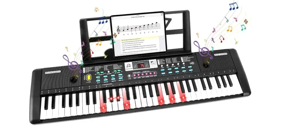 Teclado Musical Digital, 61 Teclas Iluminadas,Piano Digital para Iniciantes, modo de ensino, 200 Tons, 60 canções de demonstração, microfone, suporte musical, Bateria Recarregável