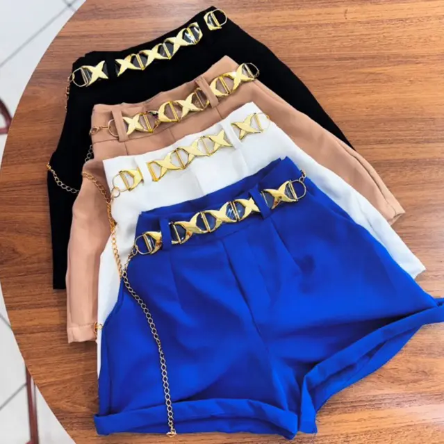 Short Feminino Estiloso Alfaiataria Cintura Alta com Cinto Corrente Tendência Verão