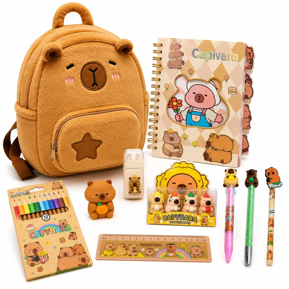 Kit Escolar Infantil Completo com Mochila Capivara 10 Peças – Material Escolar Papelaria Fofa Kawaii para Volta às Aulas e Presente Criativo - 1
