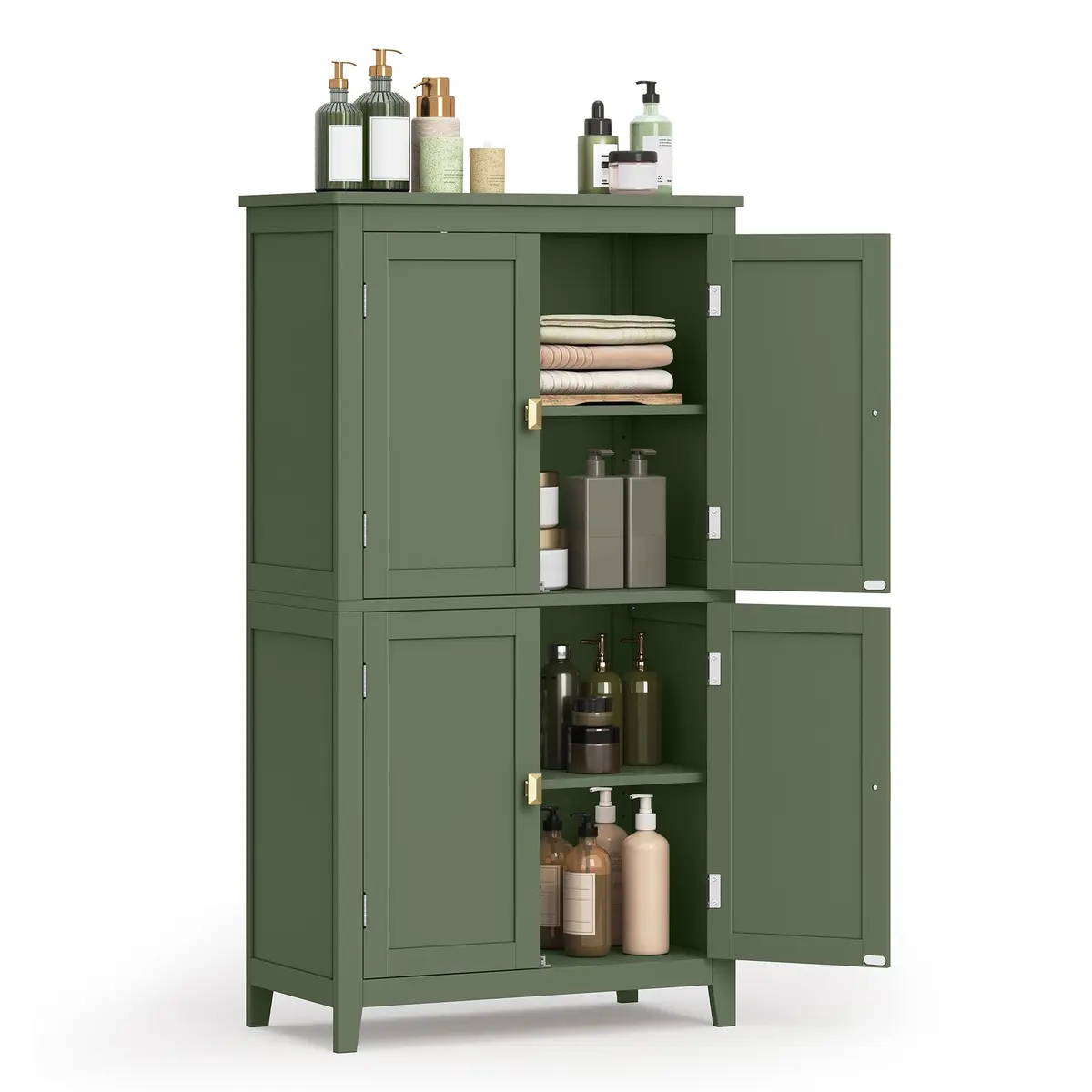 VASAGLE Armário para Banheiro, Armário de Cozinha Independente | 30 X 60 x 110 cm, com 4 Portas, Prateleiras Ajustáveis, Verde Floresta, BRBBC552C01V1
