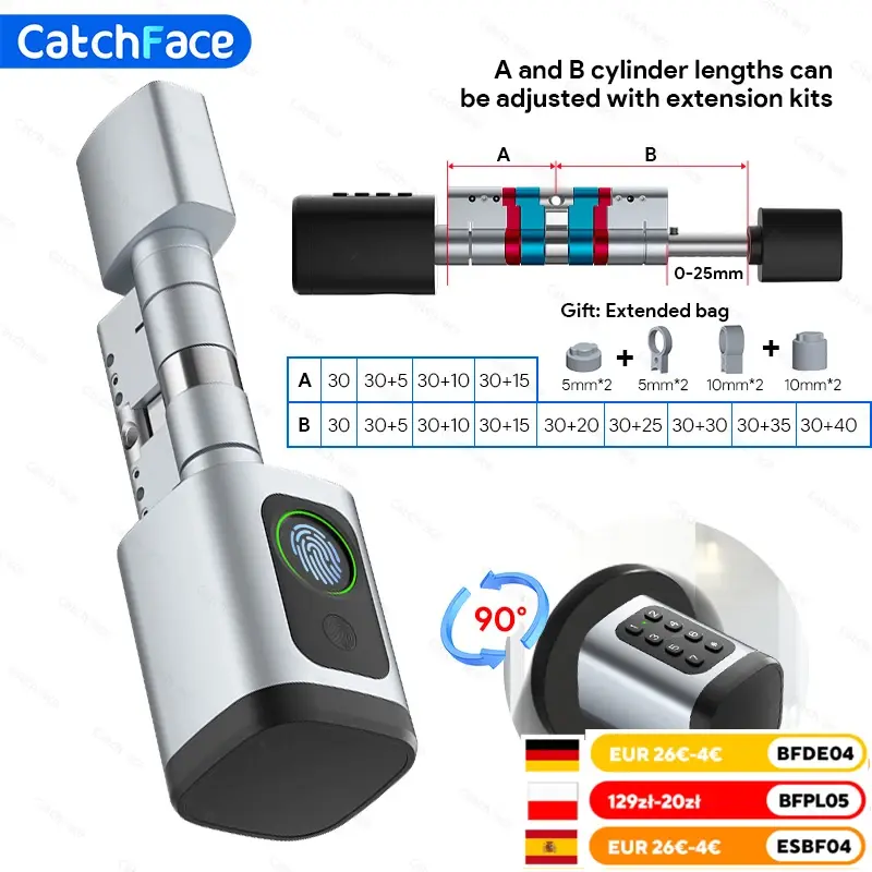 V1 pro + versão ajustável tuya ou ttlock app senha de impressão digital rfid cartão cilindro fechadura da porta inteligente para casa hotel