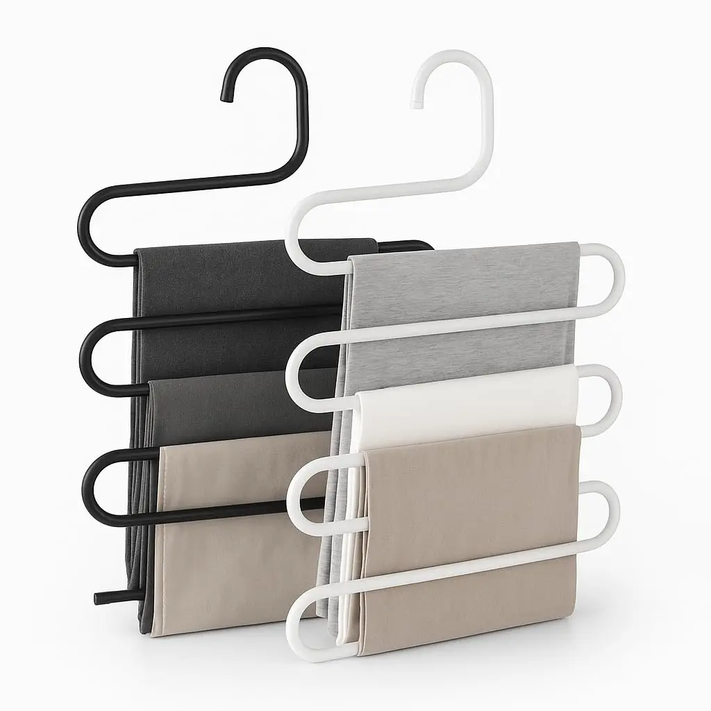 Kit 2 Cabides Organizadores de Calças Inox 5 Divisórias Multiuso | Organize saias, blusas, gravatas e cachecóis no guarda-roupa ou closet. Design vertical que otimiza espaço e facilita acesso