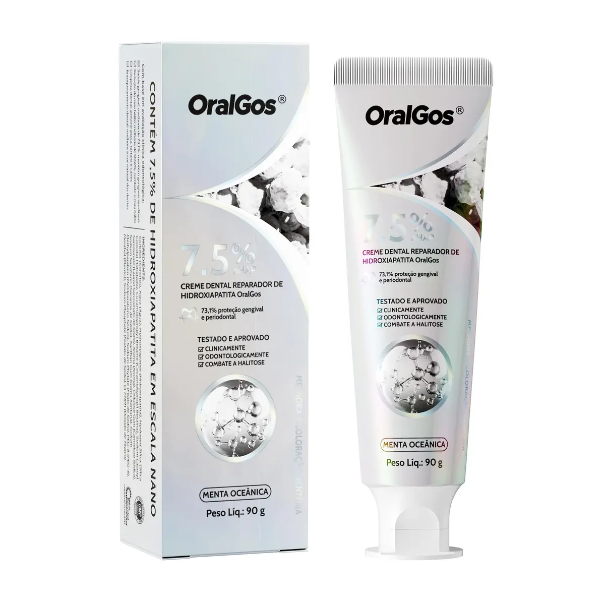 OralGos Creme Dental 7,5% HAP 90g Fórmula Sem Flúor, 1 Unidades | Fórmula Sem Flúor, Antissensibilidade, Reparo do Esmalte Dental, Redução de Manchas, Hálito Fresco, Menta Oceânica