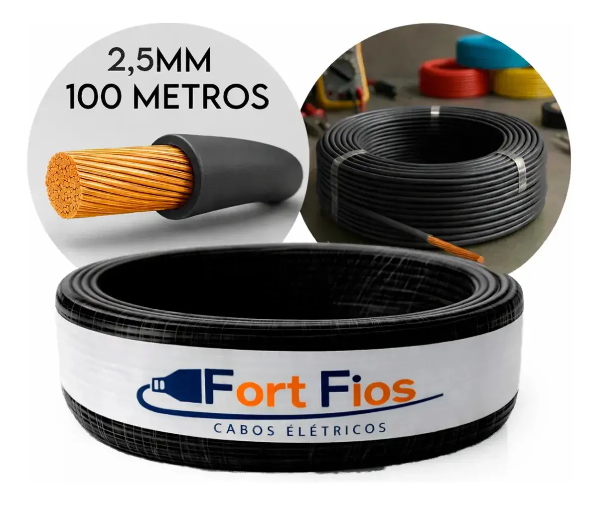 Fio Elétrico 2,5mm Preto Cabo Flexível Rolo Com 100m Metros 750v Antichamas thumbnail 2