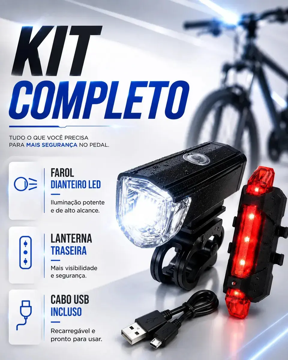 Kit Farol e Lanterna Premium Para Bicicleta Potente Recarregável Led Bike Ciclismo USB 400 Lúmens À Prova D'Água Blackbom thumbnail 3