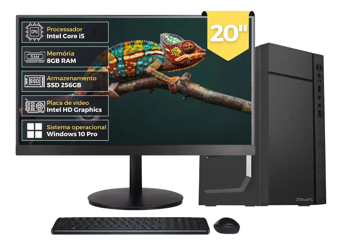 Computador Completo Flash, Intel Core i5 3470, RAM 8GB, SSD 256GB, Bivolt, Preto, Monitor 20" LED HDMI, Windows 10 Pro - BluePC DOE-0140FL