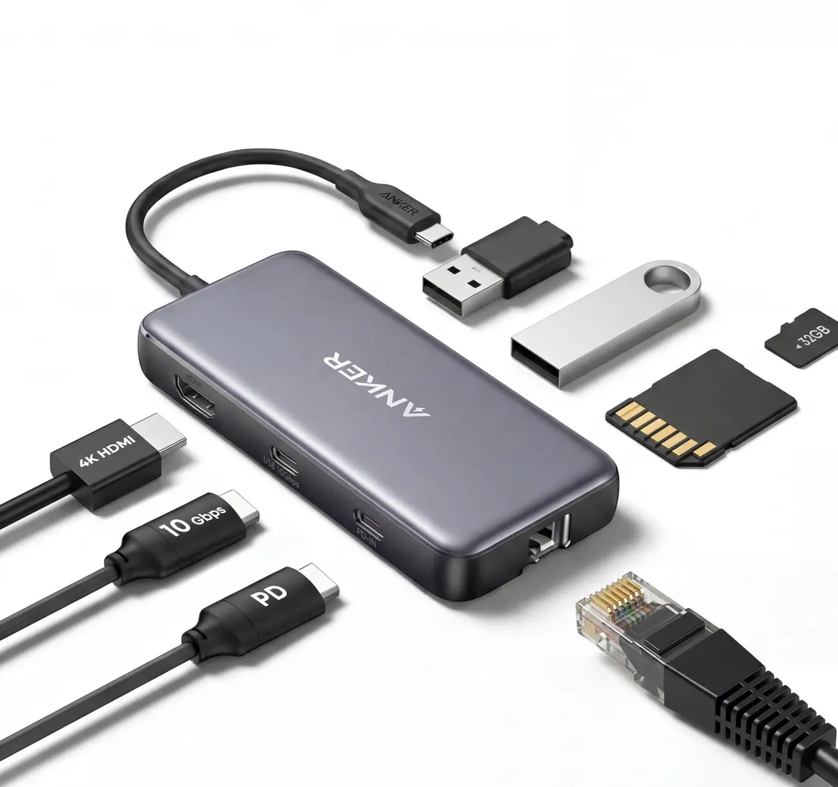 Anker Hub USB-C 555 8 em 1,HDMI 4K@60Hz, Ethernet,Thunderbolt, 10Gbps A e C | Dock Station com PD 100W, USB-C, USB-A 3.2,Leitor SD/MicroSD ,Ethernet 1Giga, Para iPad, Macbook, Laptop Windows e Chrome OS