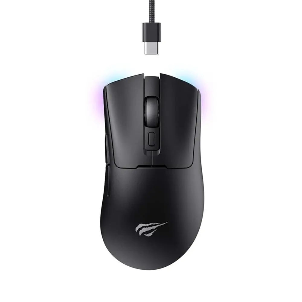 Havit Mouse Gamer Quad-Mode MS966WB Black, Sem Fio e Com Fio, USB, Bluetooth, Wireless 2.4GHz (USB-A e USB-C), RGB, 7 Botões, 800-1600-2400-3200-6000-10000 DPI, Preto