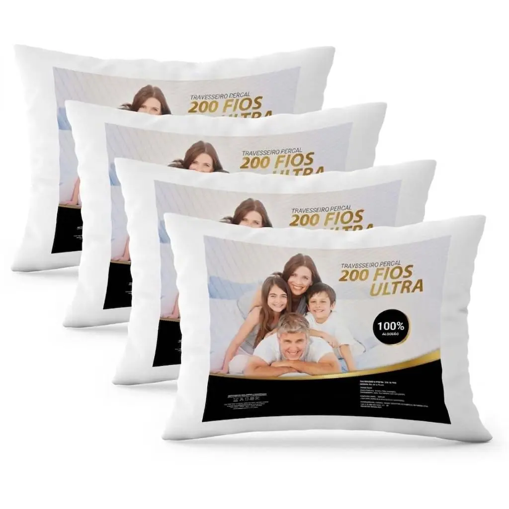 Kit Travesseiro 04 Peças 100% Algodão Percal 200 Fios Ultra, Antiácaro, Antialérgico, Lavavel em Maquina
