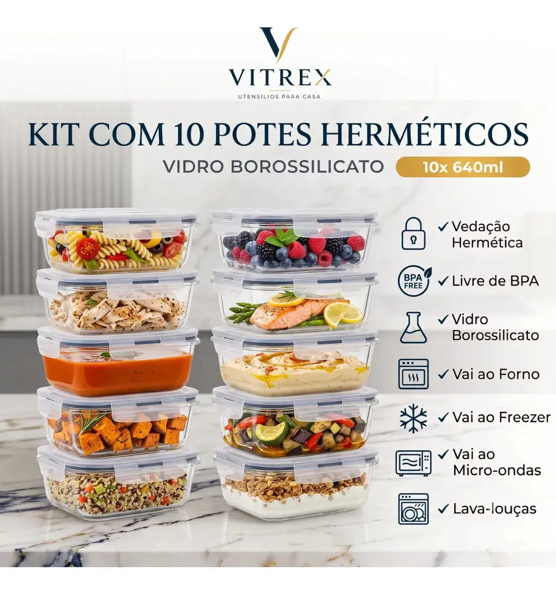 Kit 10 Pote De Vidro Marmita Hermético 640ml Freezer Fitness Vitrex - 1