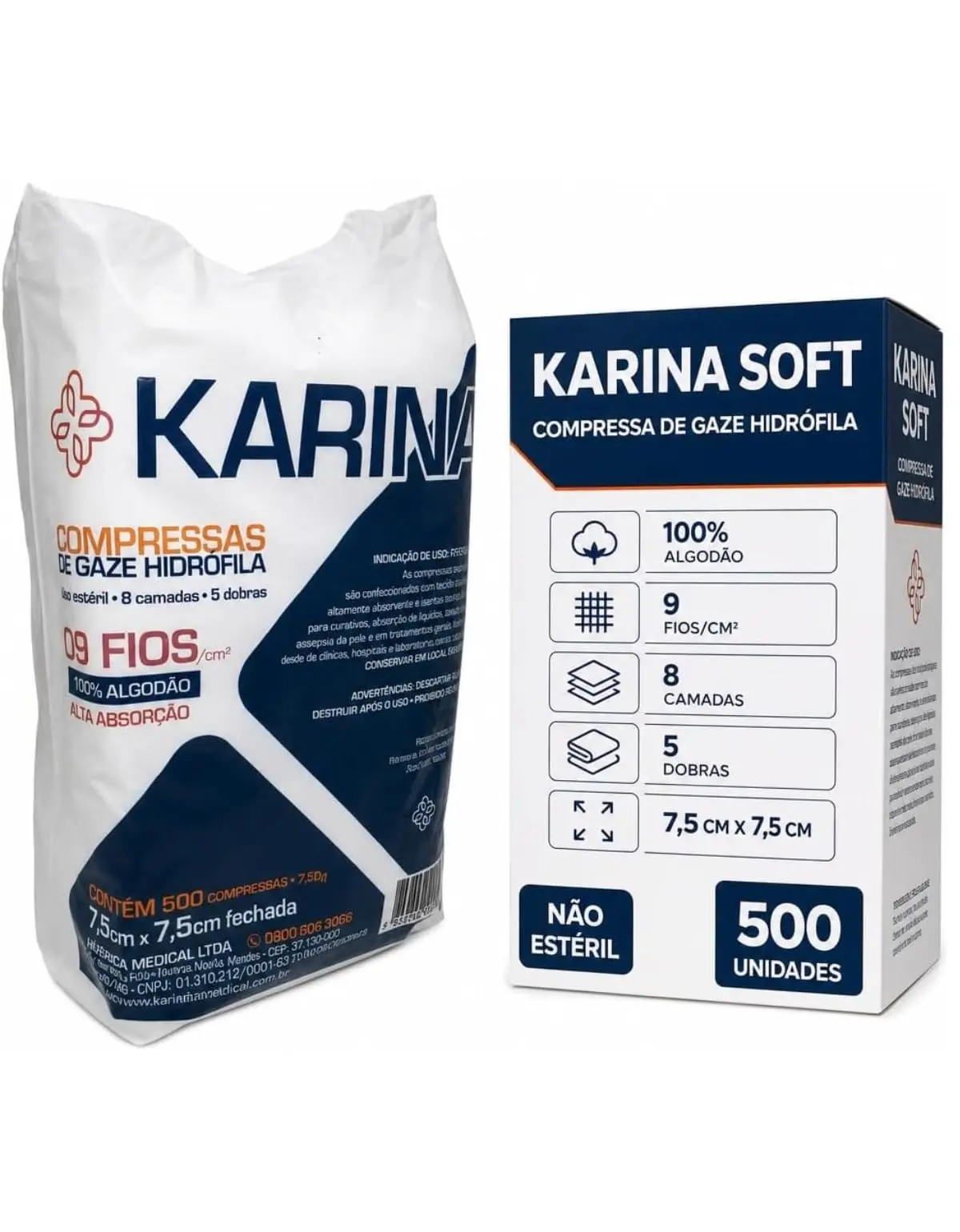 Compressa de Gaze 9 Fios 100% Algodão 7,5x7,5cm 500 Unidades Não Estéril | Gaze hidrófila branca não estéril para curativos e limpeza de feridas em hospital clínica podologia estética e casa