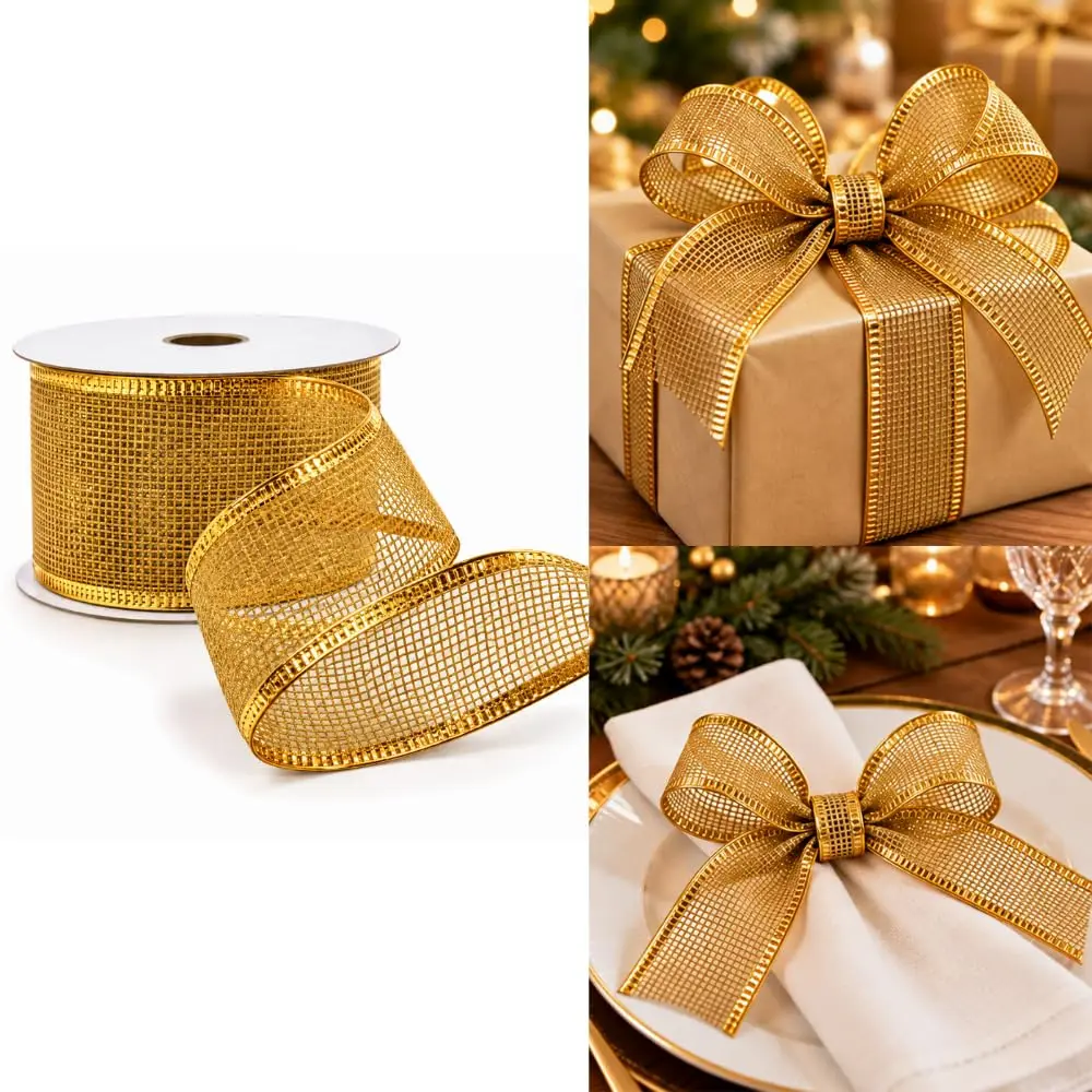 Fita Decorativa Dourada Aramada para Laços e Enfeites de Natal | A oferta contém 1 rolo de fita decorativa