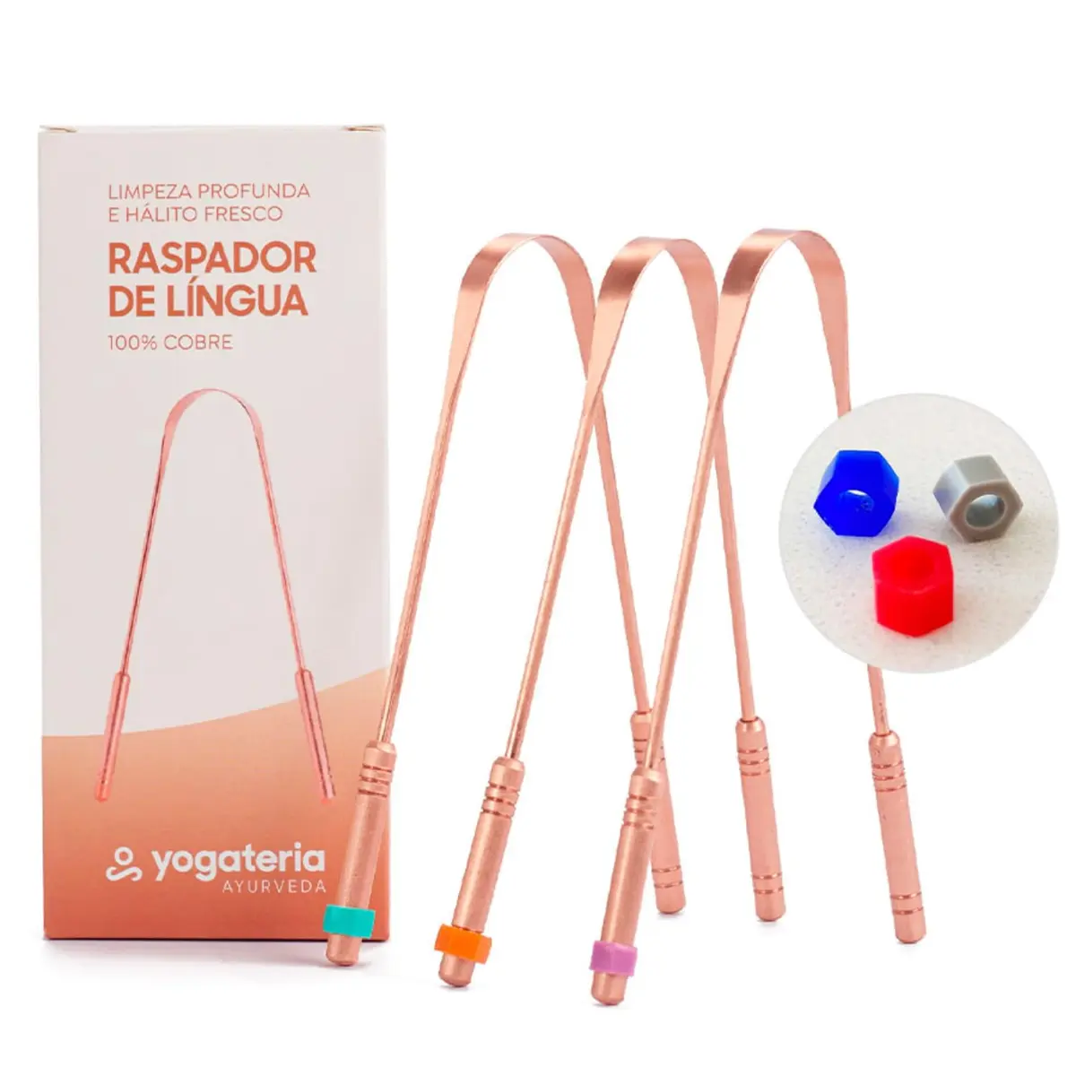 YOGATERIA Kit limpador Raspador de língua Cobre Ayurvédico 100% Puro | Elimina o Mau Hálito Toxinas e Resíduos | Fácil de limpar | Antibacteriano Higiênico e Durável (3 Unds)