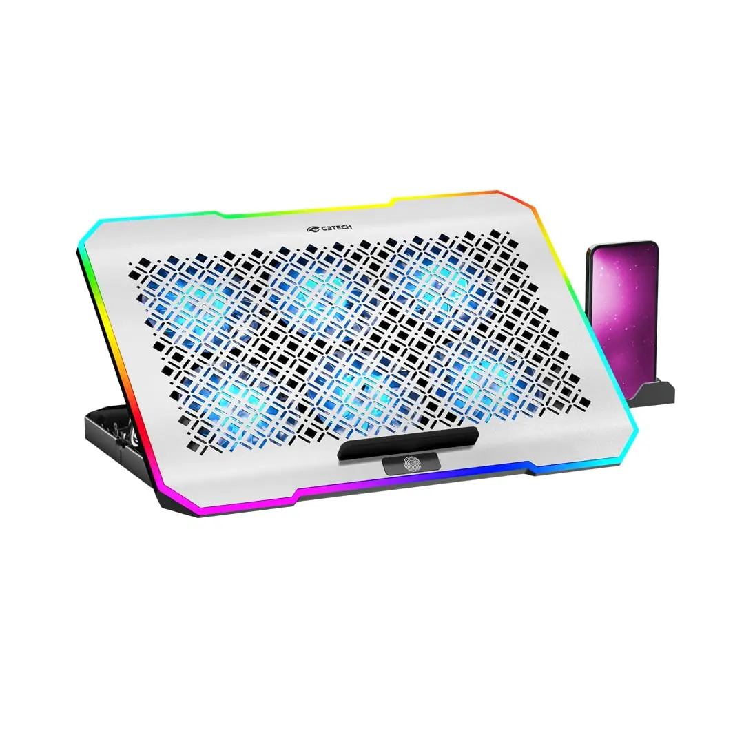 C3Tech Base refrigerada Gamer para Notebook, NBC-550SI 17,3", Cinza, 5 niveis de ajustes de inclinacao, ajuste de velocidade, Iluminacao RGB em 10 modos, superficie em aluminio, suporte para celular