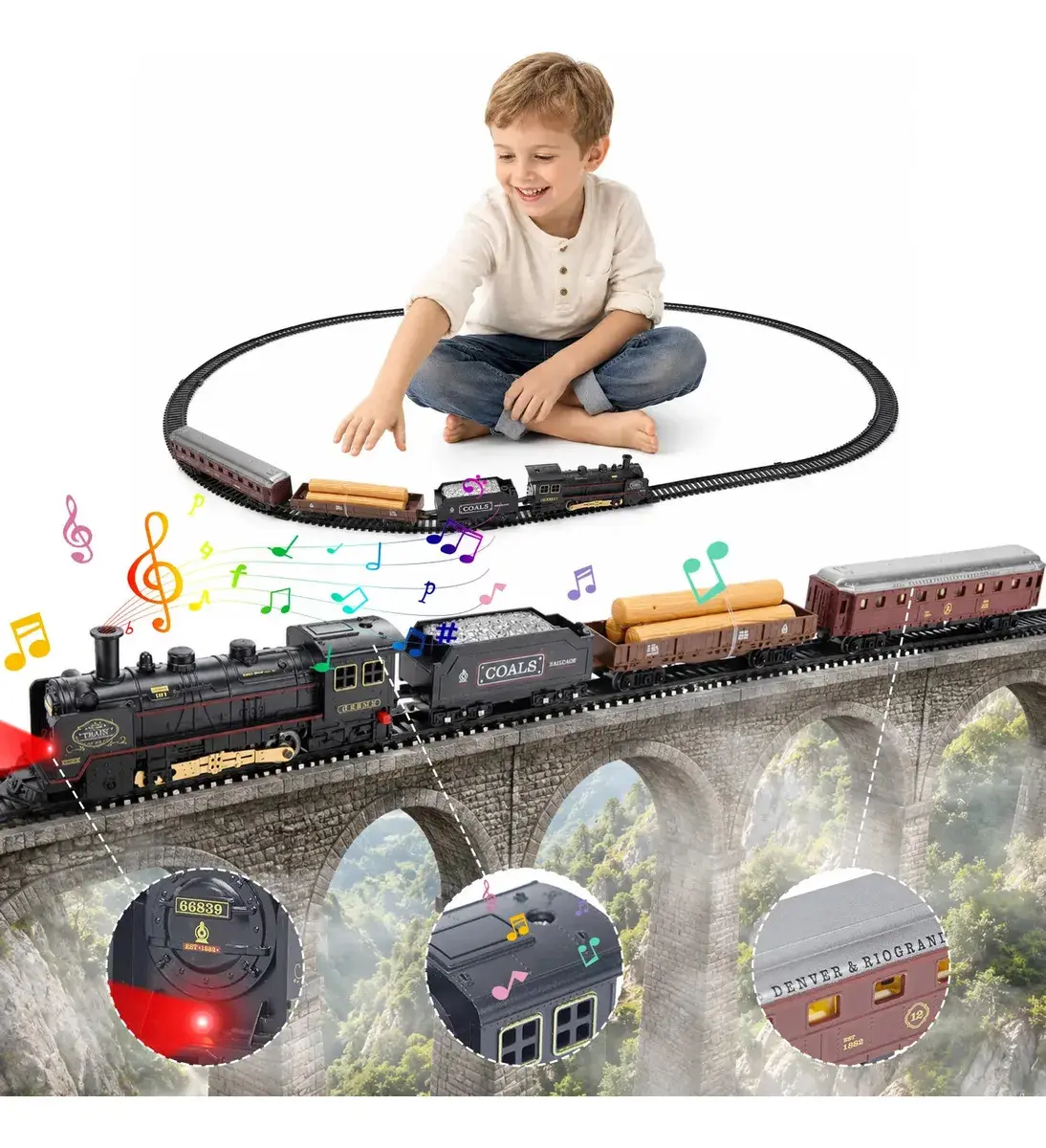 Trem Elétrico Vintage MoveBrinca com Luzes e Sons, 3 Vagões e Trilhos de 103x67cm thumbnail 2