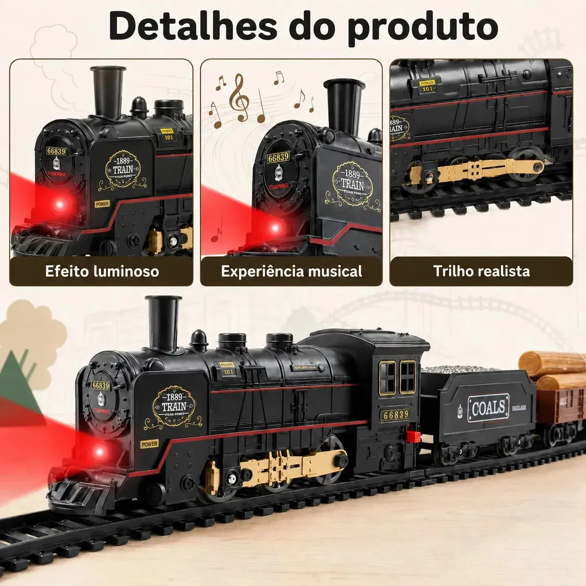 Trem Elétrico Vintage MoveBrinca com Luzes e Sons, 3 Vagões e Trilhos de 103x67cm thumbnail 3