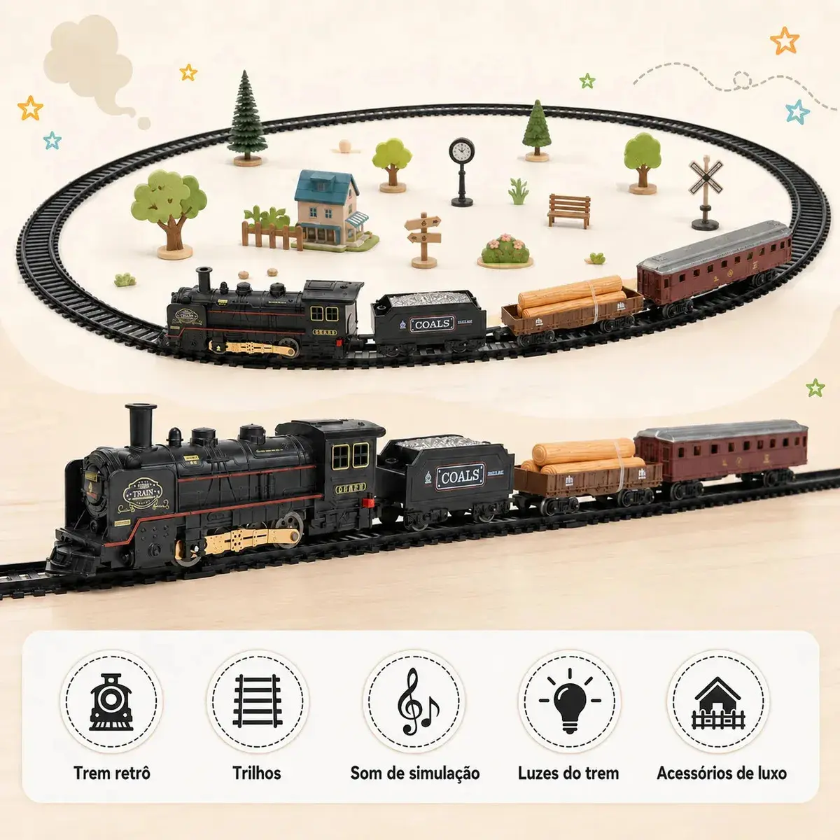 Trem Elétrico Vintage MoveBrinca com Luzes e Sons, 3 Vagões e Trilhos de 103x67cm thumbnail 4