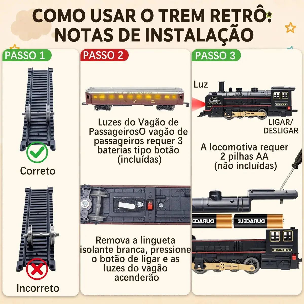 Trem Elétrico Vintage MoveBrinca com Luzes e Sons, 3 Vagões e Trilhos de 103x67cm thumbnail 5