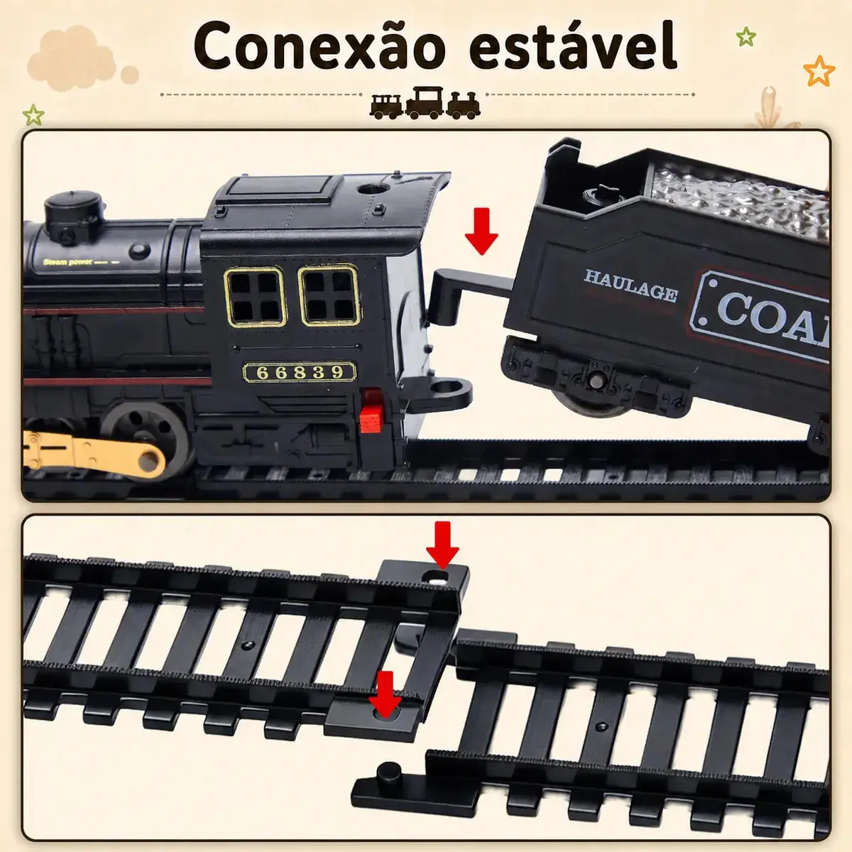 Trem Elétrico Vintage MoveBrinca com Luzes e Sons, 3 Vagões e Trilhos de 103x67cm thumbnail 6