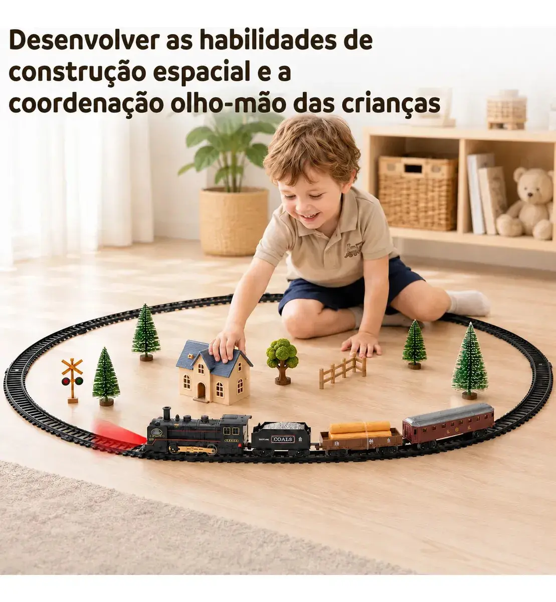 Trem Elétrico Vintage MoveBrinca com Luzes e Sons, 3 Vagões e Trilhos de 103x67cm thumbnail 7