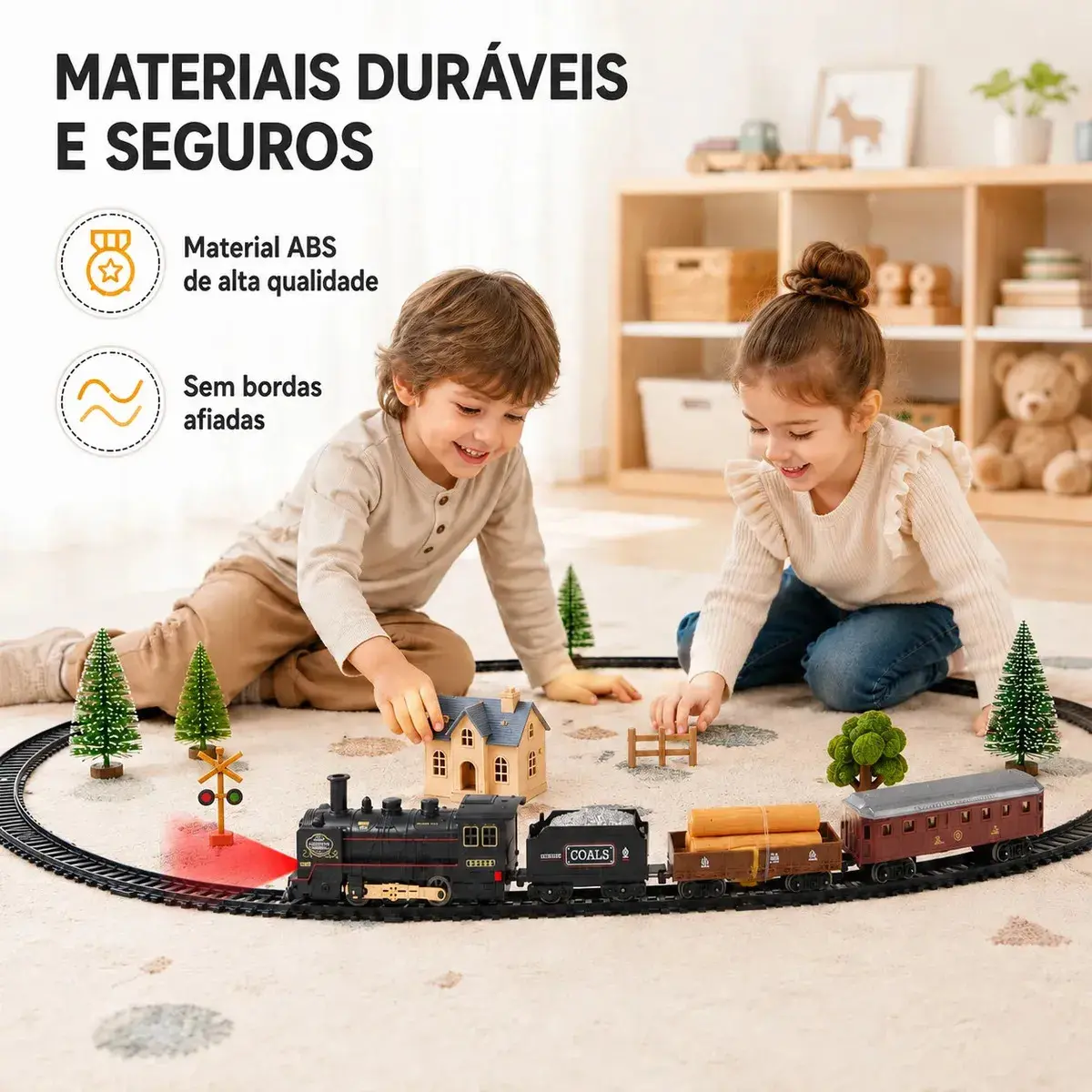 Trem Elétrico Vintage MoveBrinca com Luzes e Sons, 3 Vagões e Trilhos de 103x67cm thumbnail 8