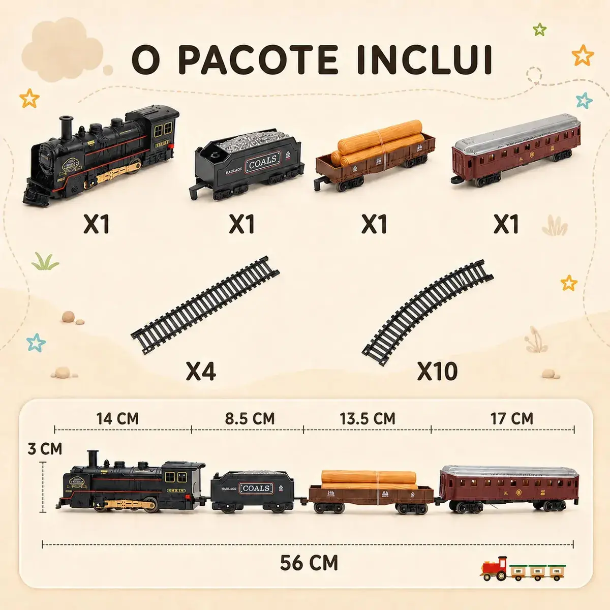 Trem Elétrico Vintage MoveBrinca com Luzes e Sons, 3 Vagões e Trilhos de 103x67cm thumbnail 9