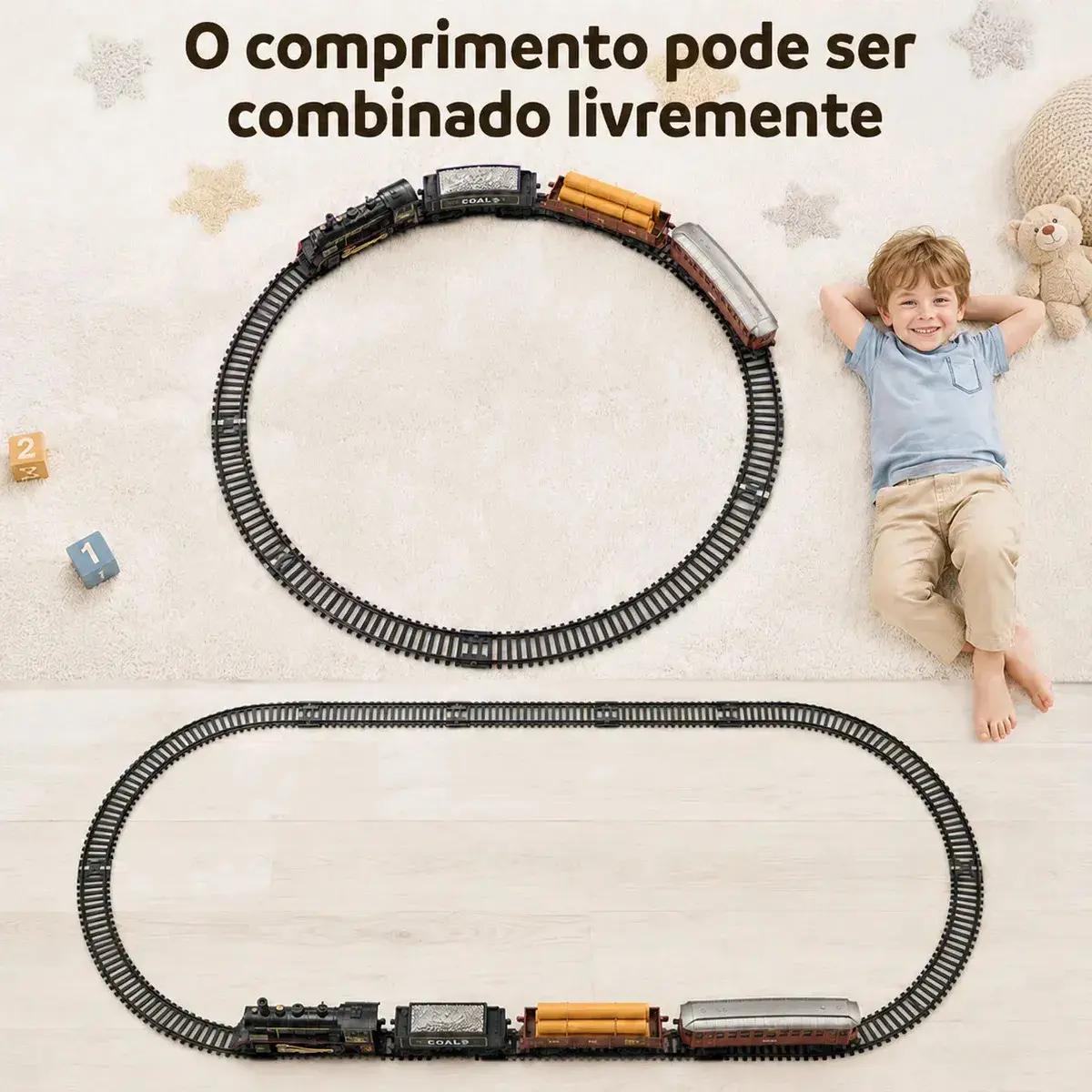 Trem Elétrico Vintage MoveBrinca com Luzes e Sons, 3 Vagões e Trilhos de 103x67cm thumbnail 10