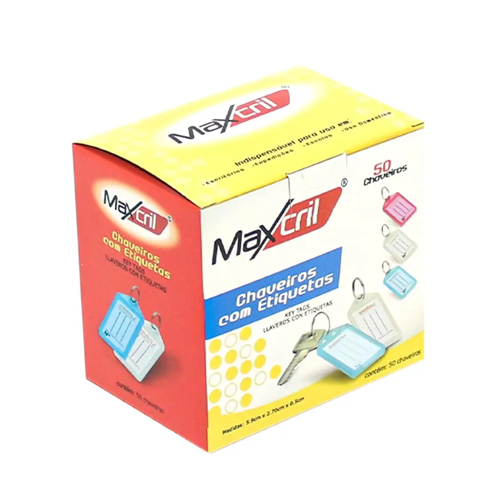 Chaveiros com etiqueta de identificaçao, caixa com 50 unidades, cores sortidas, Maxcril - 1