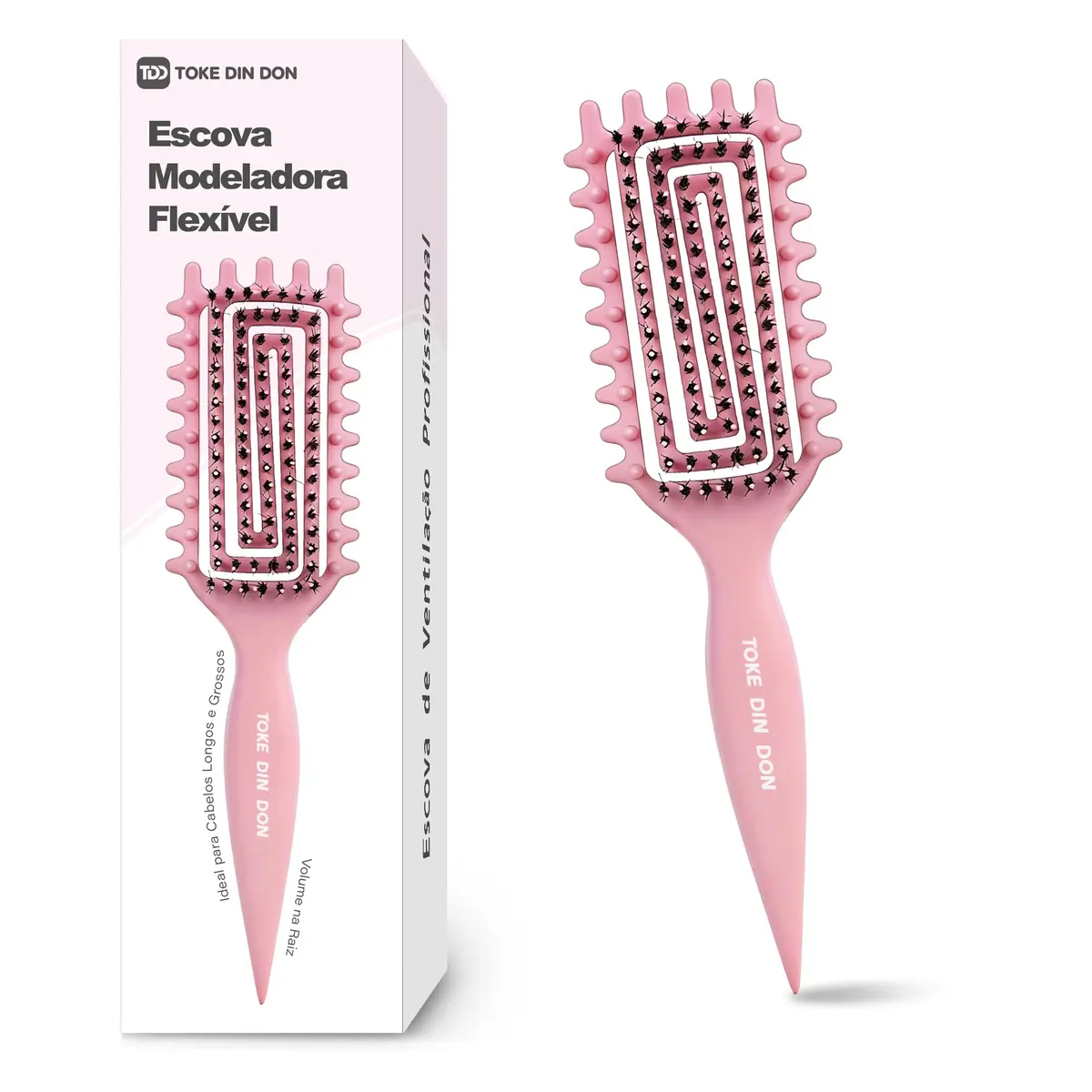 TOKE DIN DON Escova Modeladora de Cachos Flexível e Vazada, Cabo em ABS | Cerdas de Javali, Sem Puxar, Define Cabelo Cacheado,para Todos os Tipos de Cabelo, Escova de Cabelo para Escovar, Rosa