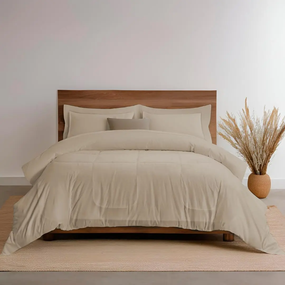 Casa Donsa Jogo de Cama com 6 Peças Edredom Dupla Face e Jogo de Cama de Elástico e Fronhas, Queen, Bege