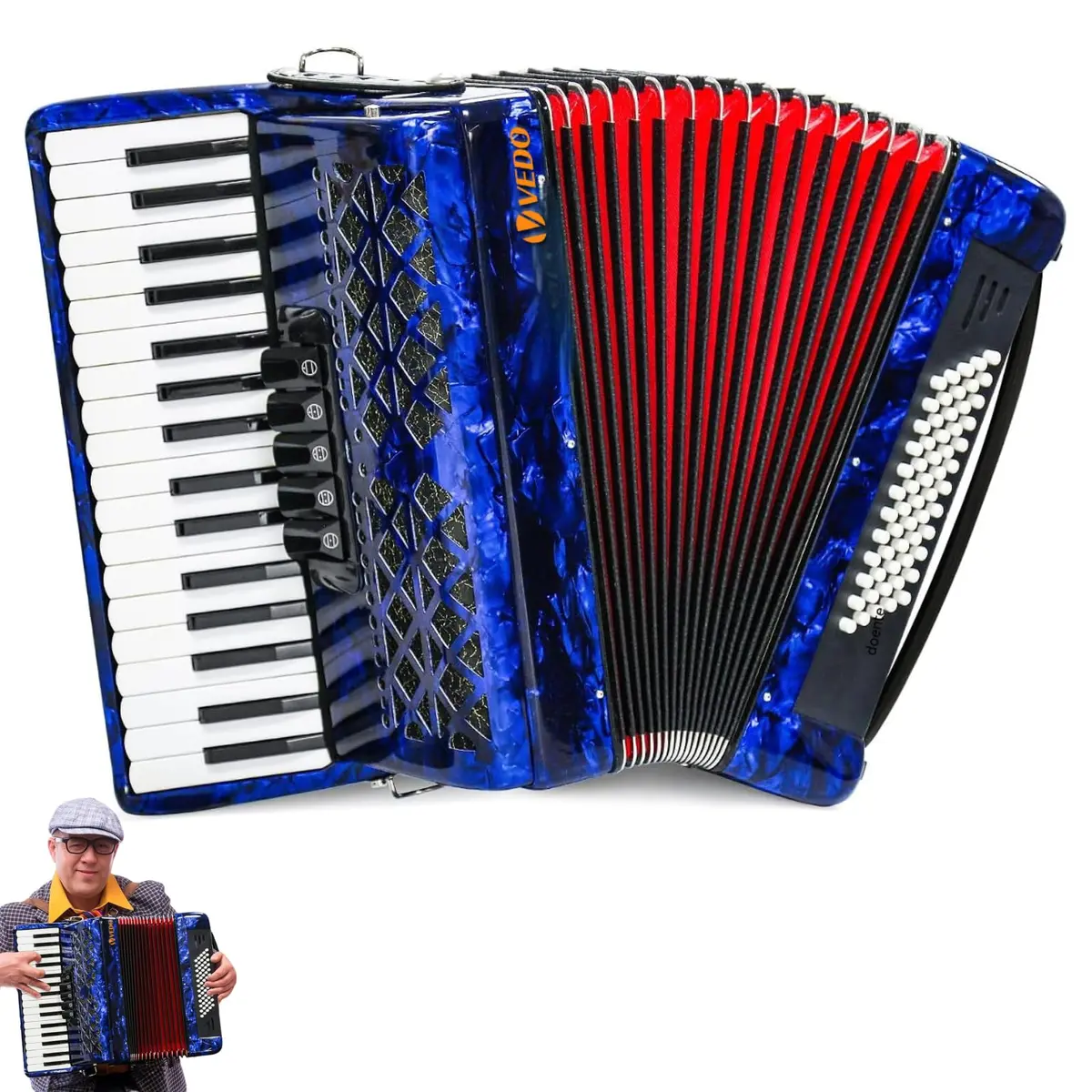 VEDO Acordeon Profissional 34 Teclas, com 60 Teclas Baixo, 5 Teclas Variáveis, Terceira voz, Acordeão Avançado, Adequado Para Adultos Amantes da Música, Orquestra, Maple e Molas Alemãs, Azul - 1