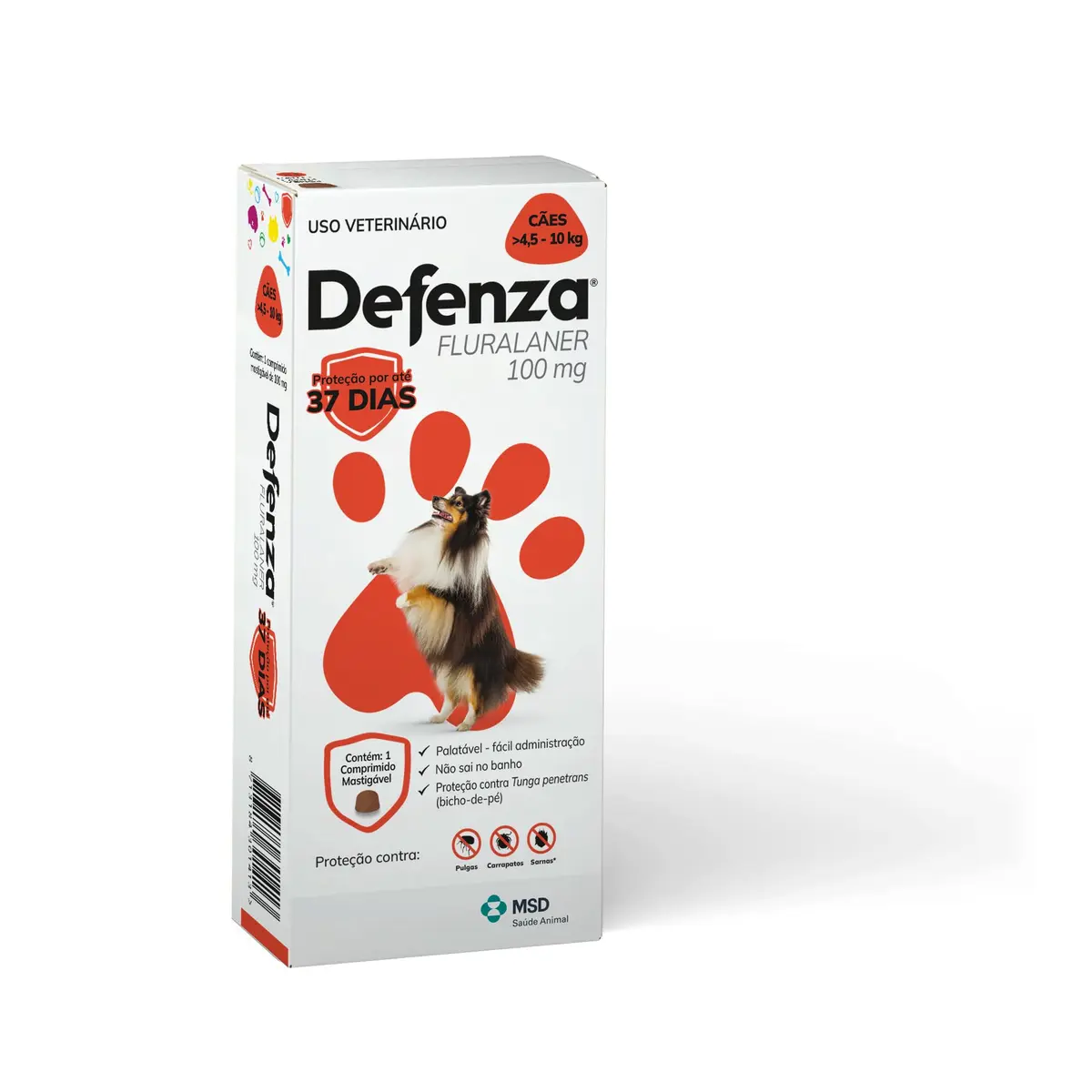 Defenza® 100mg - Antipulgas, Bicho-de-Pé, Carrapatos e Sarnas - Cães de 4,5 a 10 kg - 1 Comp. Mastigável - MSD Saúde Animal