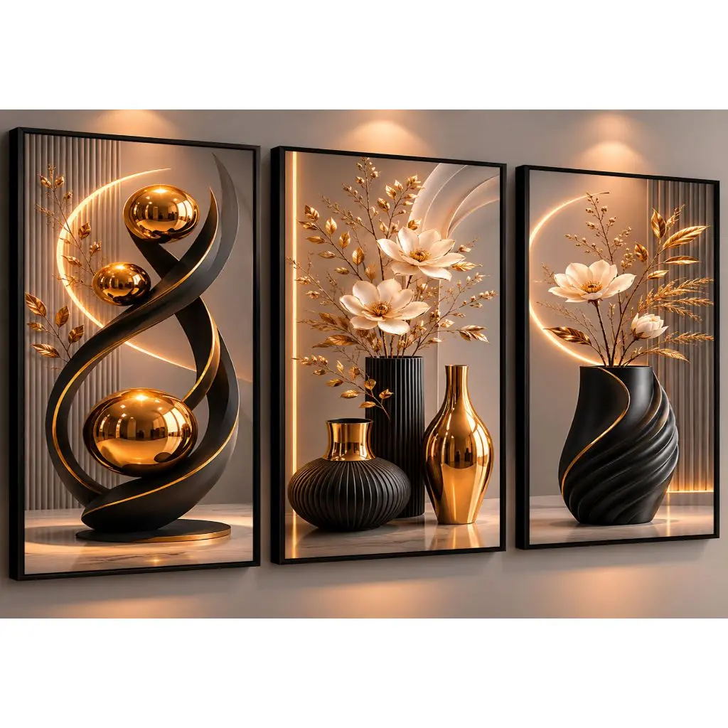 Kit De Quadros Decorativos 3 Peças Para Sala Quartos Vasos Pretos e Dourados Flores Modernas Delicadas (VP) - 1