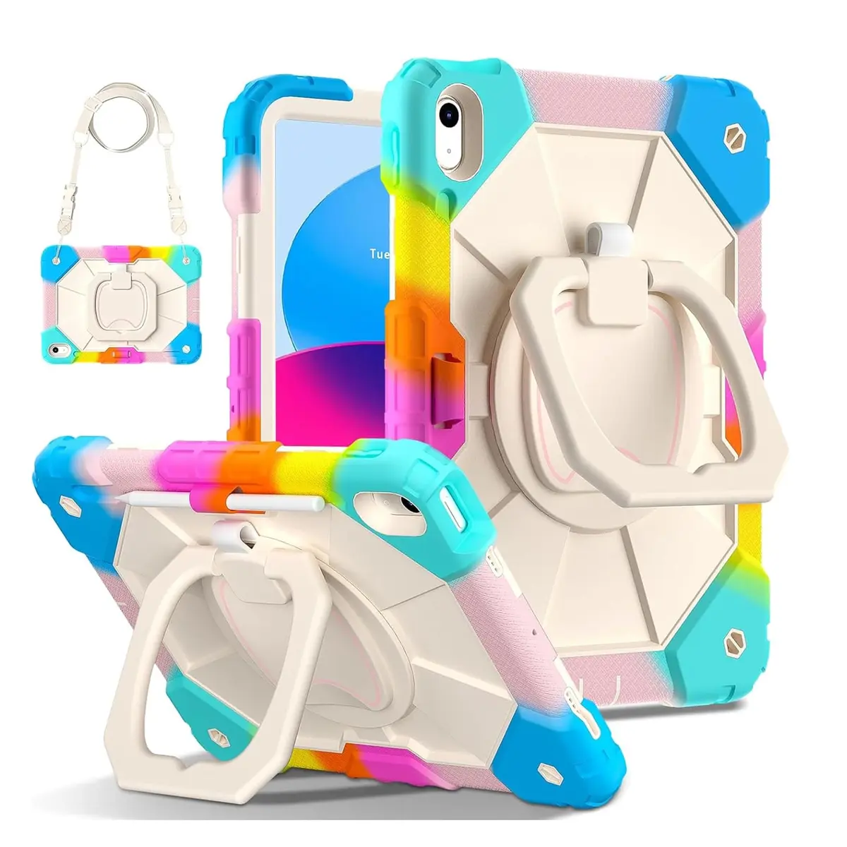Capa para iPad (A16) 11ª/10ª Geração (2025/2022), Inclui Película Protetora e Caneta Stylus, Suporte Rotativo 360°, com Slot para Caneta e Alça de Ombro (Colorido)