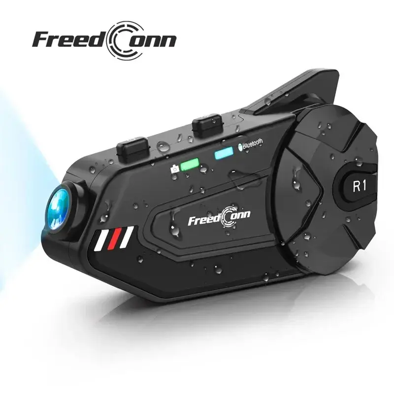 Freedconn-motocicleta Bluetooth Intercomunicador, R1 Plus, traço Cam, capacete, fones de ouvido, comunicador handsfree, gravação de vídeo, 1080p Interphone - 1