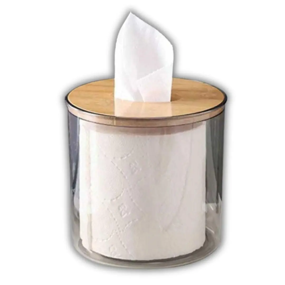 Porta Papel Higiênico de Luxo Transparente com Tampa de Bambu – Elegância, Proteção e Facilidade para Banheiros Modernos