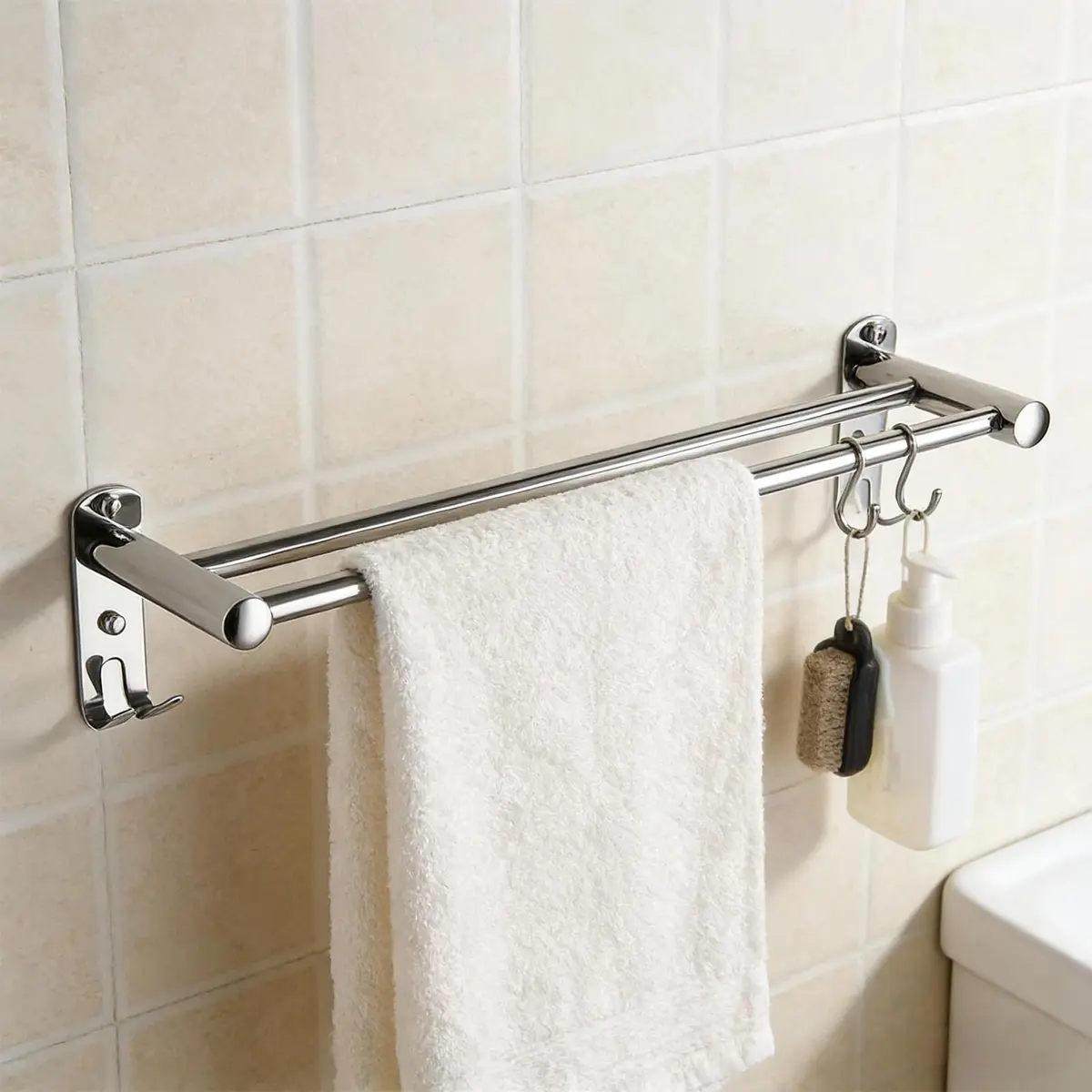 Toalheiro para Banheiro Duplo de Aço Inox Com Ganchos, 60cm Estendido Porta Toalha de Rosto, Multifuncional Suporte Porta Toalhas de Parede Banheiro, Adequado para Sanita, Cozinha, Quarto, Etc. - 1