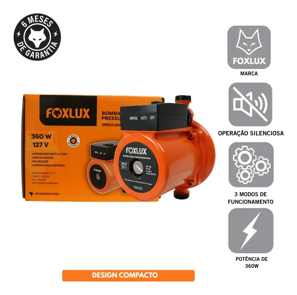 Bomba Pressurizadora Foxlux 127V 360W Fluxostato Automático thumbnail 6