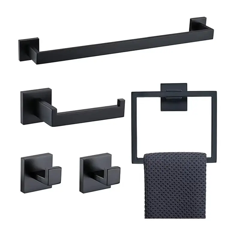 AUXOM Kit Banheiro 5 Pçs Acessórios para Banheiro, suporte para papel higiênico em aço inoxidável, 40cm suporte para toalhas, conjunto de acessórios organizadores para banheiro (Preto)