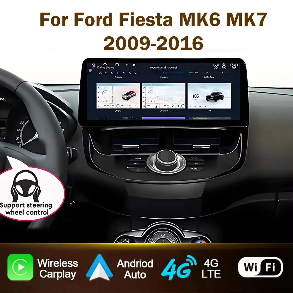 Rádio Automotivo de 12,3 polegadas para Ford Fiesta MK6 MK7 2009-2016 LHD RHD Android Multimídia Reprodutor de Vídeo GPS Carplay Sem Fio Tela QLED - 1