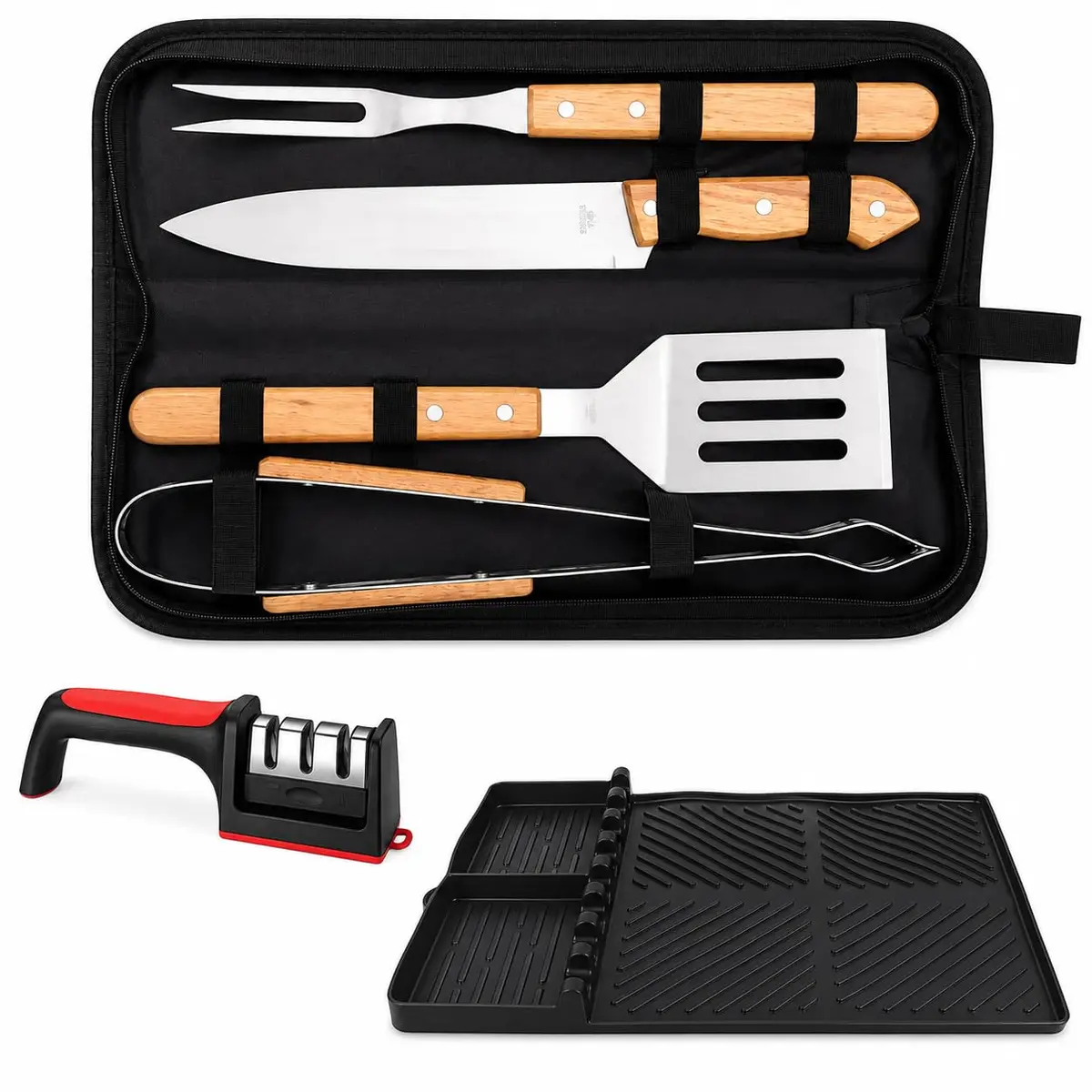 Kit Churrasco com 4pçs faca garfo pinça e espatula, Amolador de Facas e Tapete de Silicone para Área Gourmet